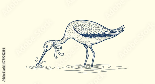 A detailed line drawing of a wading bird with a ribbon around its neck, pecking at an object in shallow water.