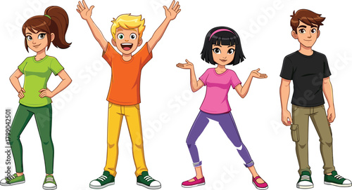 Cartoon teenagers standing and posing, diverse teen characters in colorful outfits, happy animated group illustration perfect for education, stories, games, creative projects