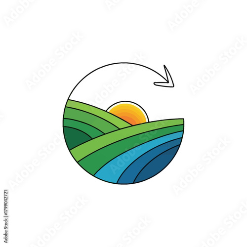 A circular logo depicting a vibrant landscape with rolling green hills, a rising sun, and blue water, encircled by a clockwise arrow symbolizing nature's cycle.
