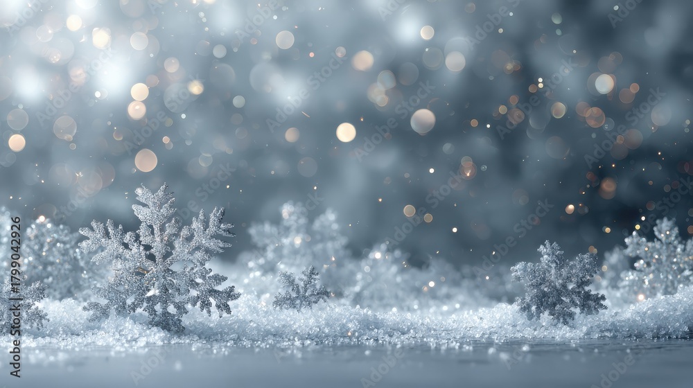 Naklejka premium winter wonderland scene with snowflakes glitter and bokeh lights against a soft gray backdrop