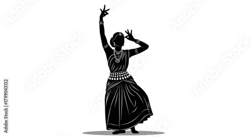 Silhouette of an Indian classical dancer performing a traditional pose with intricate jewelry and attire, showcasing cultural heritage.