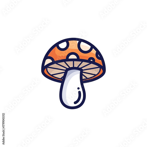 A charming cartoon illustration of a spotted orange mushroom with a white stem and purple outline on a clean white background.