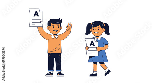 Two happy children, a boy and a girl, proudly holding up papers with the letter 'A' on them, signifying excellent grades.