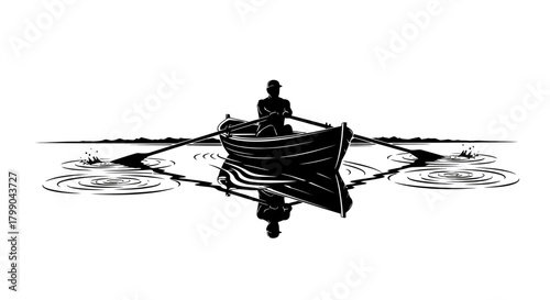 Black and white graphic illustration of a person rowing a boat on calm water with reflections and ripples.