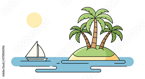 A minimalist illustration of a tropical island with palm trees and a sailboat on the ocean under a sunny sky.