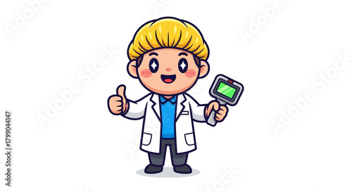 A cute cartoon doctor character giving a thumbs up and holding a digital thermometer, representing health and medical care.