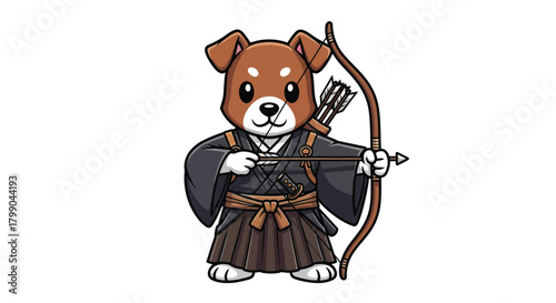 Cute cartoon Shiba Inu dog dressed as a Japanese archer, holding a bow and arrow in a traditional stance.
