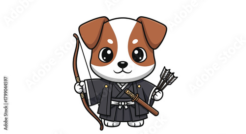 A cute cartoon dog wearing a traditional Japanese kyudo uniform, holding a bow and a quiver of arrows.