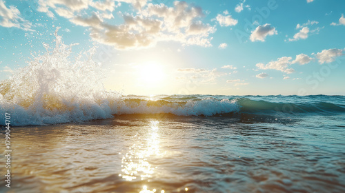 Fototapeta Naklejka Na Ścianę i Meble -  Sunlit ocean wave glittering under pastel sky peaceful cinematic