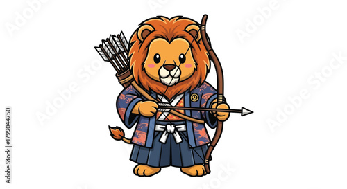A cute cartoon lion dressed as a samurai archer, holding a bow and arrow, with a quiver of arrows on its back.
