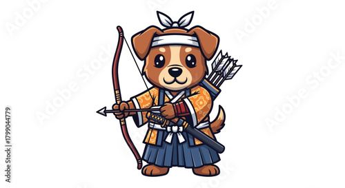 A cute cartoon dog dressed as a Japanese samurai archer, holding a bow and arrow with a quiver on its back, in a chibi style.