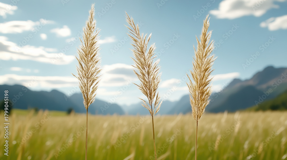 Obraz premium Golden alpine grass blowing in breeze, tranquil mountain meadow scene