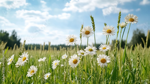 Fototapeta Naklejka Na Ścianę i Meble -  Daisy wildflower wheat meadow sunny sky peaceful summer