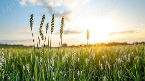 Fototapeta Naklejka Na Ścianę i Meble -  Wildflower wheat stalk sunrise meadow calm golden light