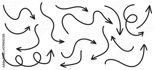 Hand drawn line arrows icons set collection. Arrow vector elements hand drawn arrows brush stroke curly arrow collection. Vector illustration isolated on white background.