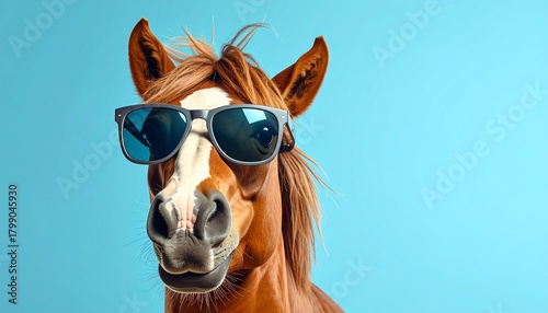 サングラスをして驚いた表情をしている馬　水色の背景　AI生成素材