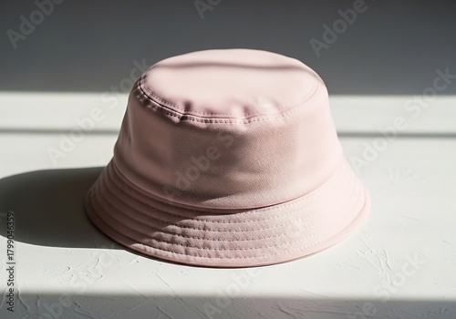 Pastel Pink Bucket Hat Adorned with Subtle Sunlight Illumination Displayed