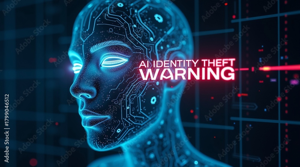 Obraz premium Futuristic digital AI face with a warning about identity theft, highlighted by glowing blue circuitry patterns.