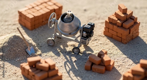 Miniature construction site scene featuring bricks, sand, and a mixer