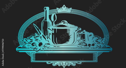 Elegant restaurant logo design featuring wine bottle and gourmet food illustration