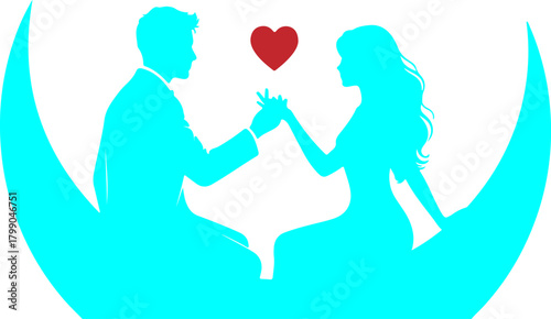 Silhouette of couple sitting on crescent moon with heart in black background