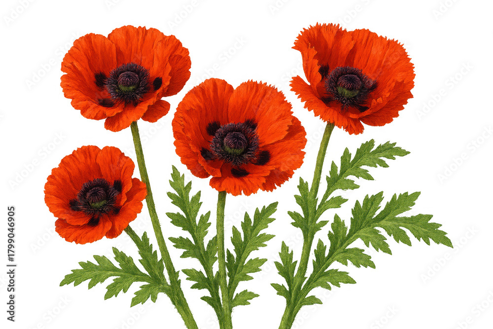 Fototapeta premium Red poppy flowers with green stems and leaves, representing remembrance and nature, on a transparent background