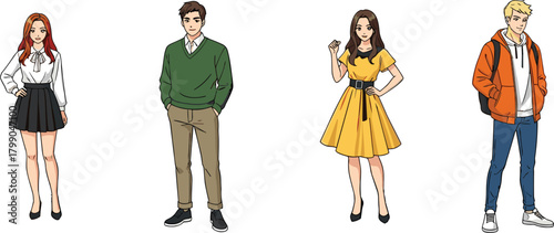 Stylish cartoon young adults, standing in fashionable outfits, diverse character set, modern people illustration for design, animation, and educational projects