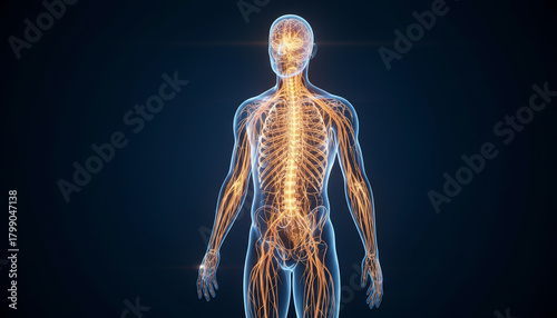 Human Nervous System, a glowing intricate network of nerves and brain, beautifully rendered as a detailed medical anatomy illustration.