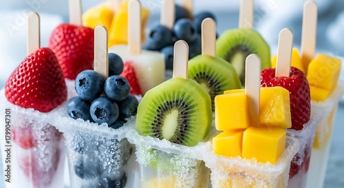 Fototapeta Naklejka Na Ścianę i Meble -  Refreshing homemade fruit popsicles selection with summer fruits medley