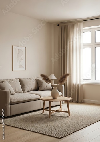 Stylish home interior with neutral color scheme in tranquil setting