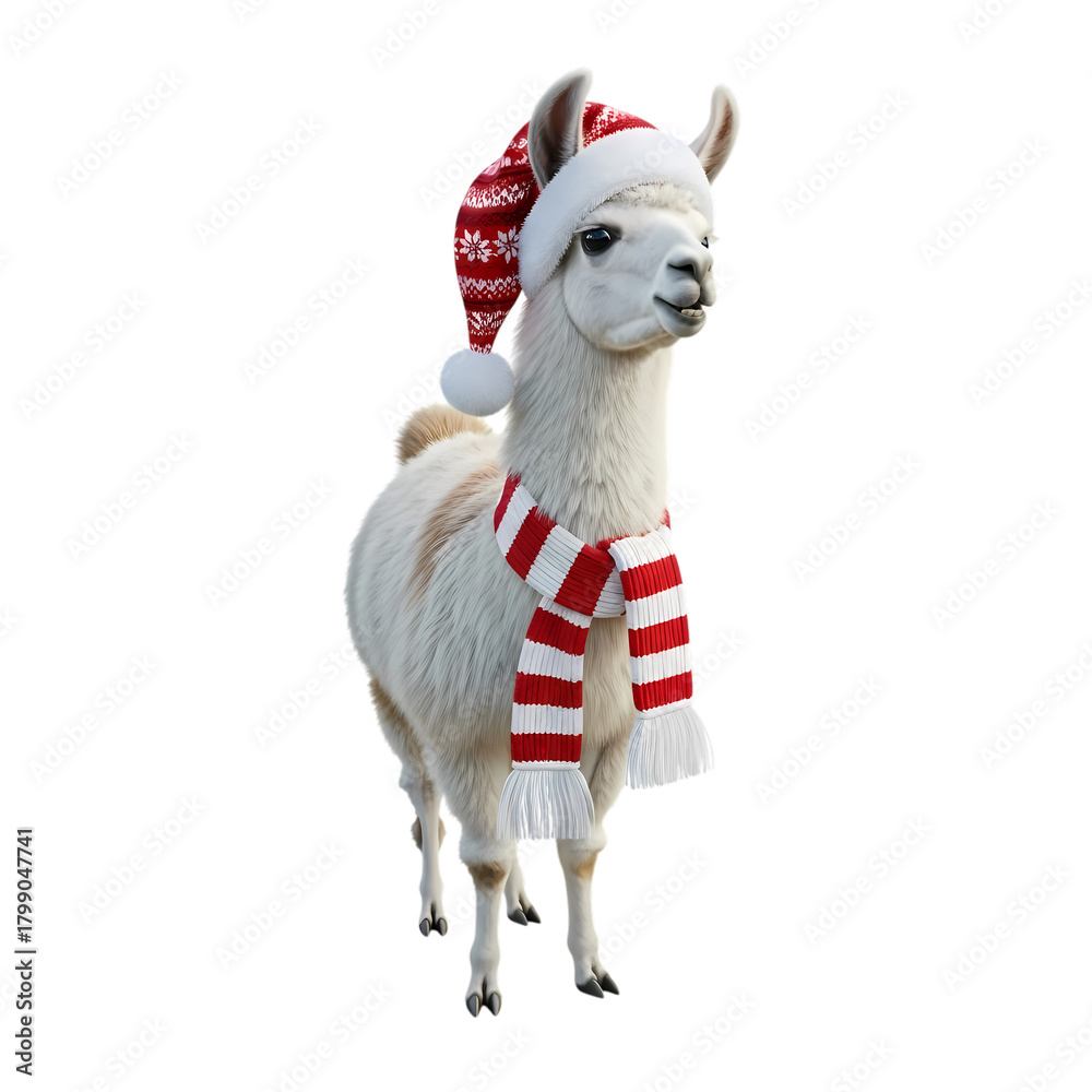 Obraz premium Festive llama wearing a santa hat and scarf celebrates the christmas holiday season on transparent background