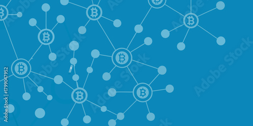 Abstract network of interconnected bitcoin symbols and nodes on a blue background