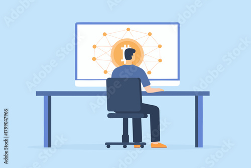 Man sitting at desk looking at computer screen displaying bitcoin network and cryptocurrency concept