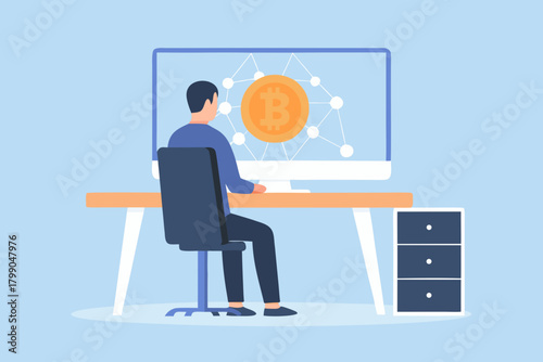 Man sitting at desk working on computer displaying bitcoin and network connections
