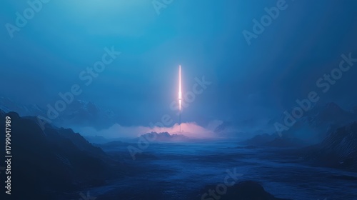 Fototapeta Naklejka Na Ścianę i Meble -  Glowing monument standing tall in foggy alien landscape