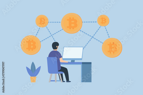 Man working on computer connected to a network of bitcoin cryptocurrency coins