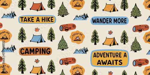Whimsical hand drawn camping and hiking adventure pattern with inspirational quotes