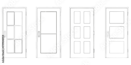 Collection of four different styles of interior and exterior doors in a simple line drawing sketch style