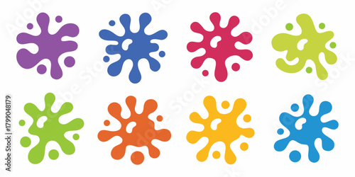 Collection of eight colorful abstract paint splatters and blobs in various vibrant shades