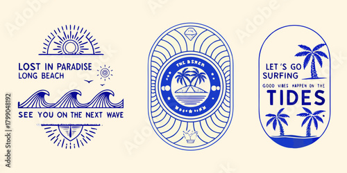 Collection of three vintage style blue line art emblems with beach and surf themes