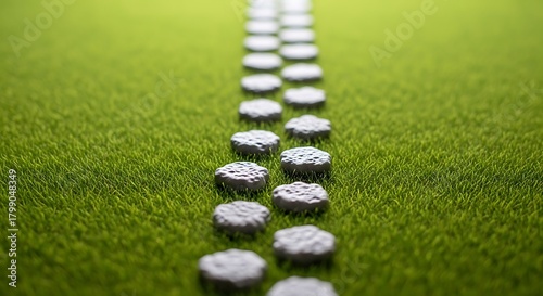 Zen garden path with smooth stones leading through vibrant green turf