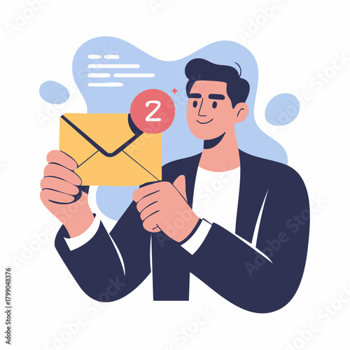 A cheerful man holding an email envelope with a '2' notification, indicating new messages or successful communication.