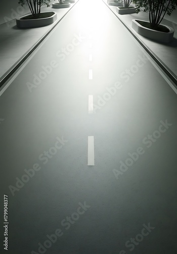 Urban Landscape Road with Geometric Lines and Trees in Concrete Planters