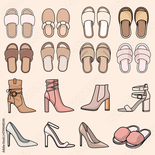 Women shoes slippers collection in flat style