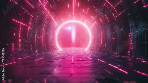 Fototapeta Naklejka Na Ścianę i Meble -  Futuristic digital tunnel with glowing neon portal and data streams