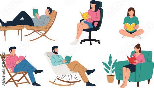 Set of People Reading Books in Relaxed Poses, Leisure Time and Education Vector Illustration.