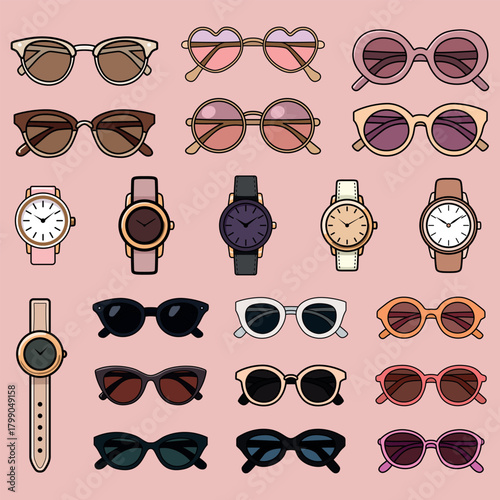 Trendy sunglasses watches vector set – fashion accessories clipart