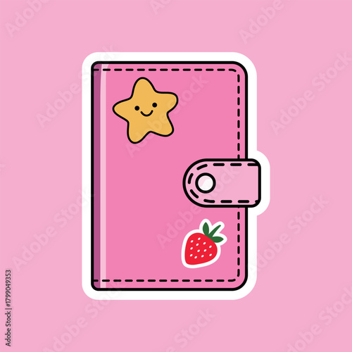Cute pink notebook with star and strawberry stickers