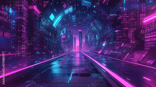 Fototapeta Naklejka Na Ścianę i Meble -  Urban futuristic cityscape with dynamic neon lights and a digital tunnel