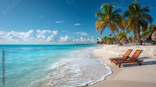 beautiful caribbean beach scene with crystal blue water white sand palm trees and sunbeds ideal for a dream vacation travel agency marketing and summer holiday escape theme